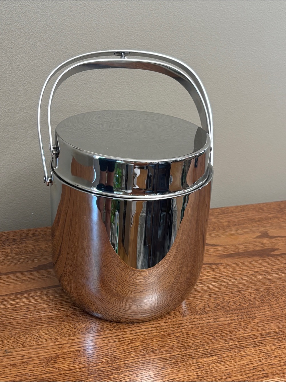 Crate&Barrel polished stainless steel double-walled insulated ice bucket / tongs